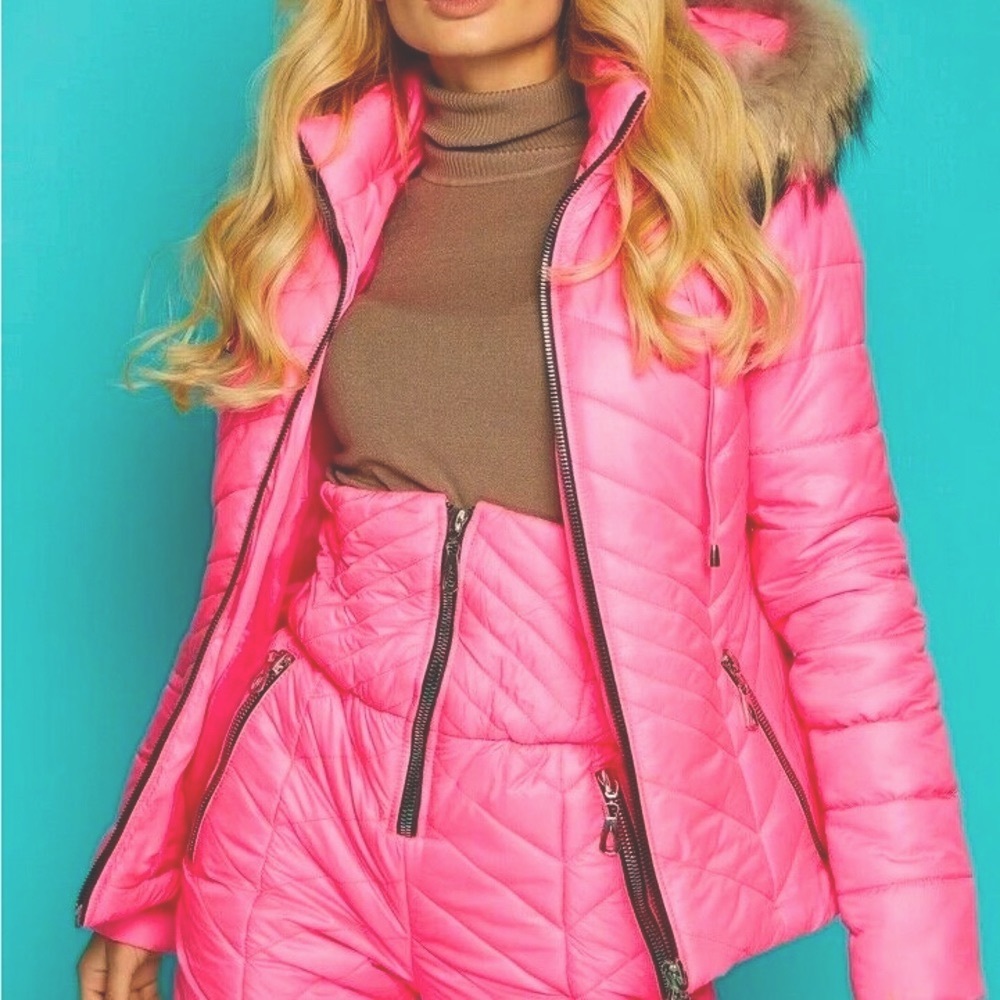 Chalet Puffer coordinate set snow ski jacket & high waisted pants pink red black - Picture 9 of 16